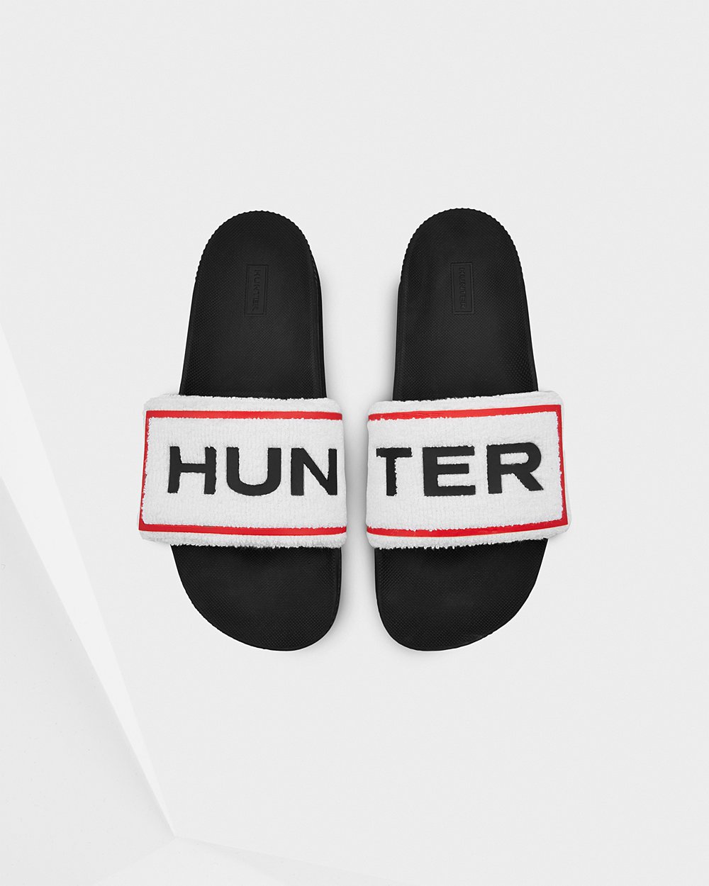 Hunter Original Terry Towelling Logo Adjustable Slides - Online Store Mens Black/White - KGAIDN374